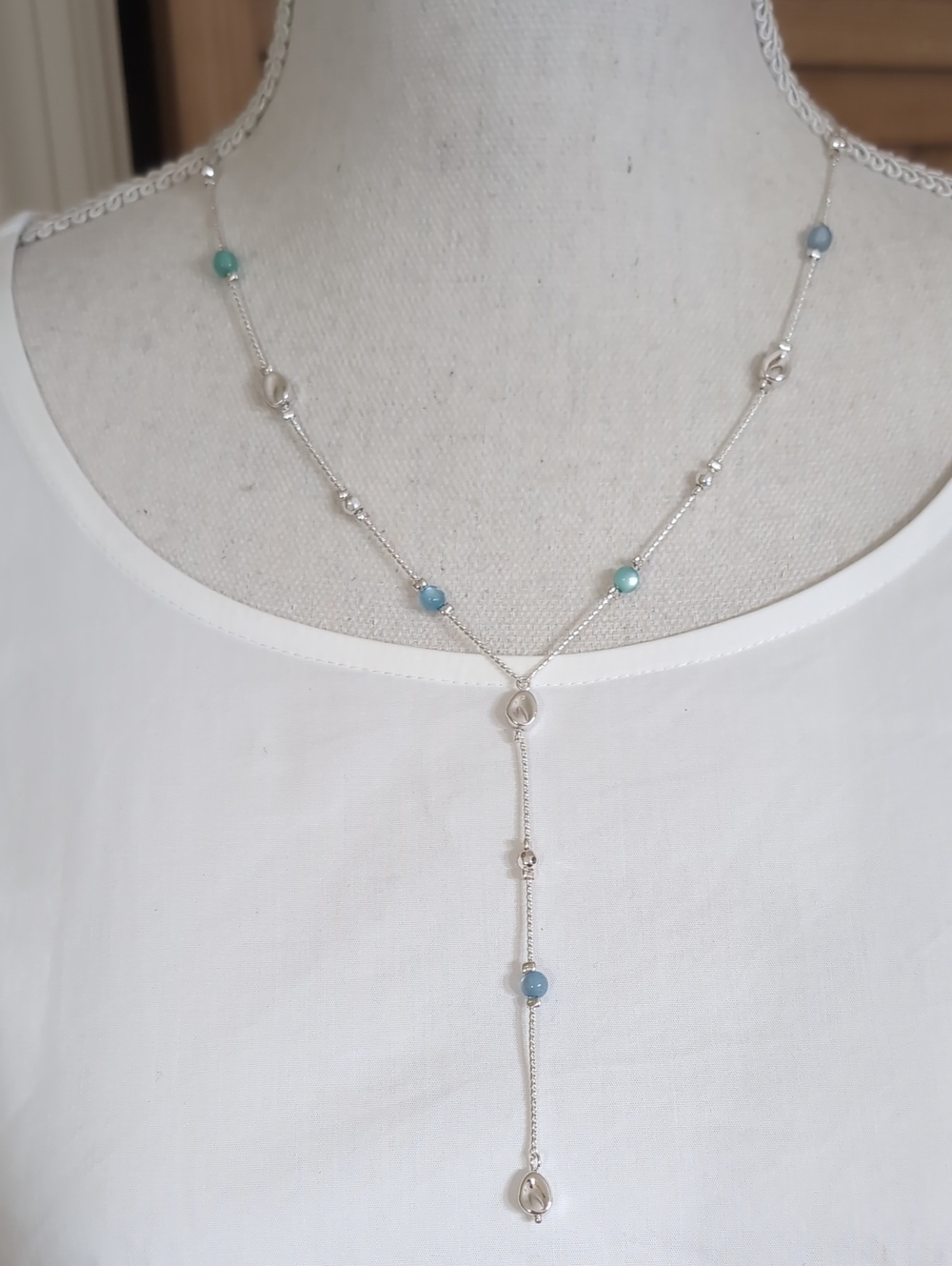 Periwinkle By Barlow Silver Aqua & Blue Bead Lariat Necklace NWT